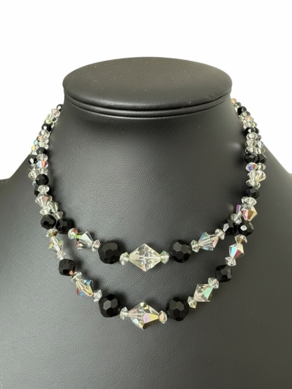 Aurora Borealis Glass Bead Necklace Double Strand Black Crystal Style 16” Choker